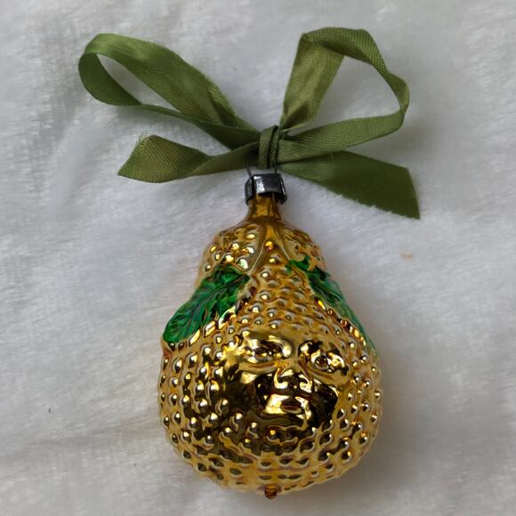 Pear Face Mercury Christmas Ornament Gold Textured Antique Germany Hand Blown - Picture 1 of 9